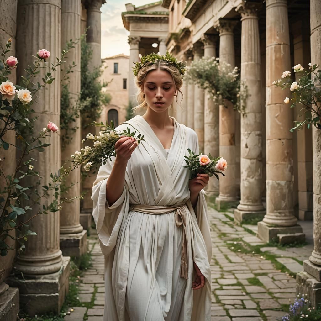 Ethereal Greek Woman in Rose Alley, Soft Focus