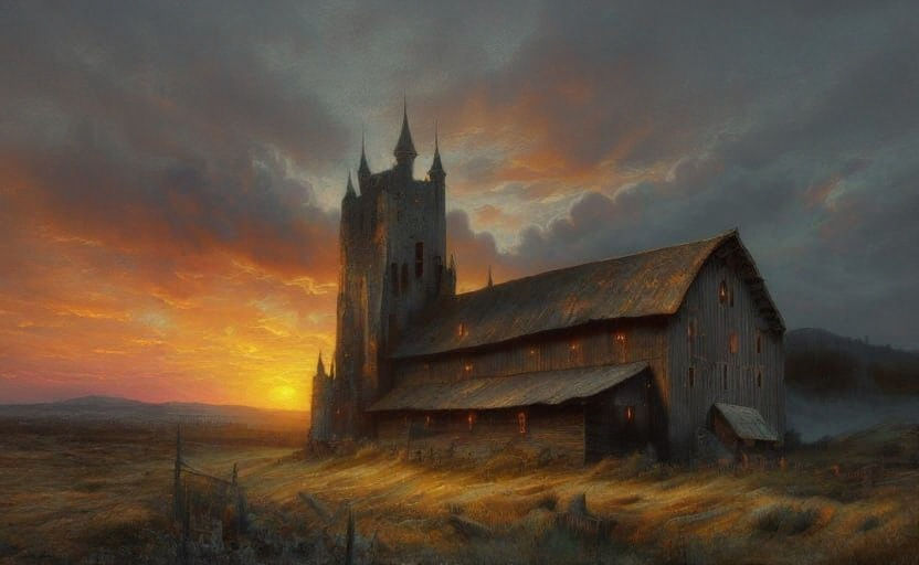 <lora:Cosmos Phantoms:1.0> Harvest barn and old medieval tower