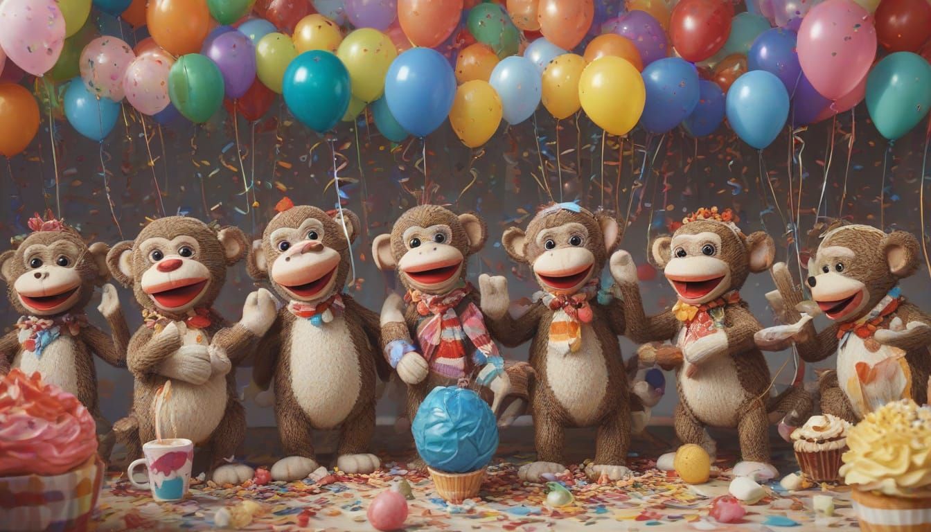 Whimsical Sock Monkey Party in Vibrant Digital Art