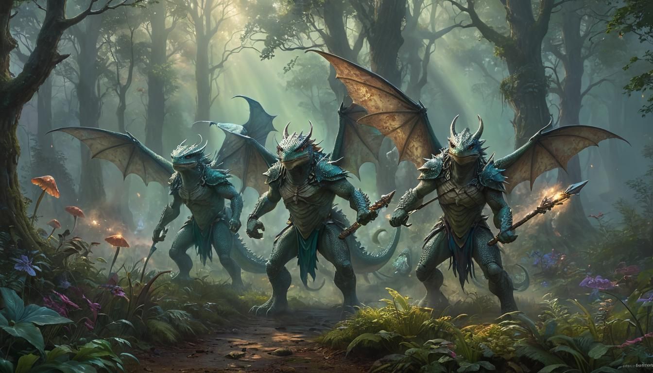 Reptilian Humanoids Hunting in Magical Woodland