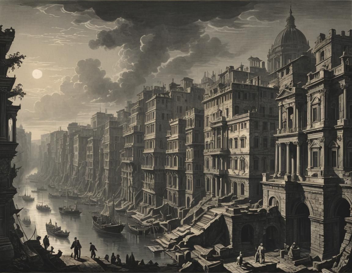 Piranesian Fog Over Harbor Cityscape