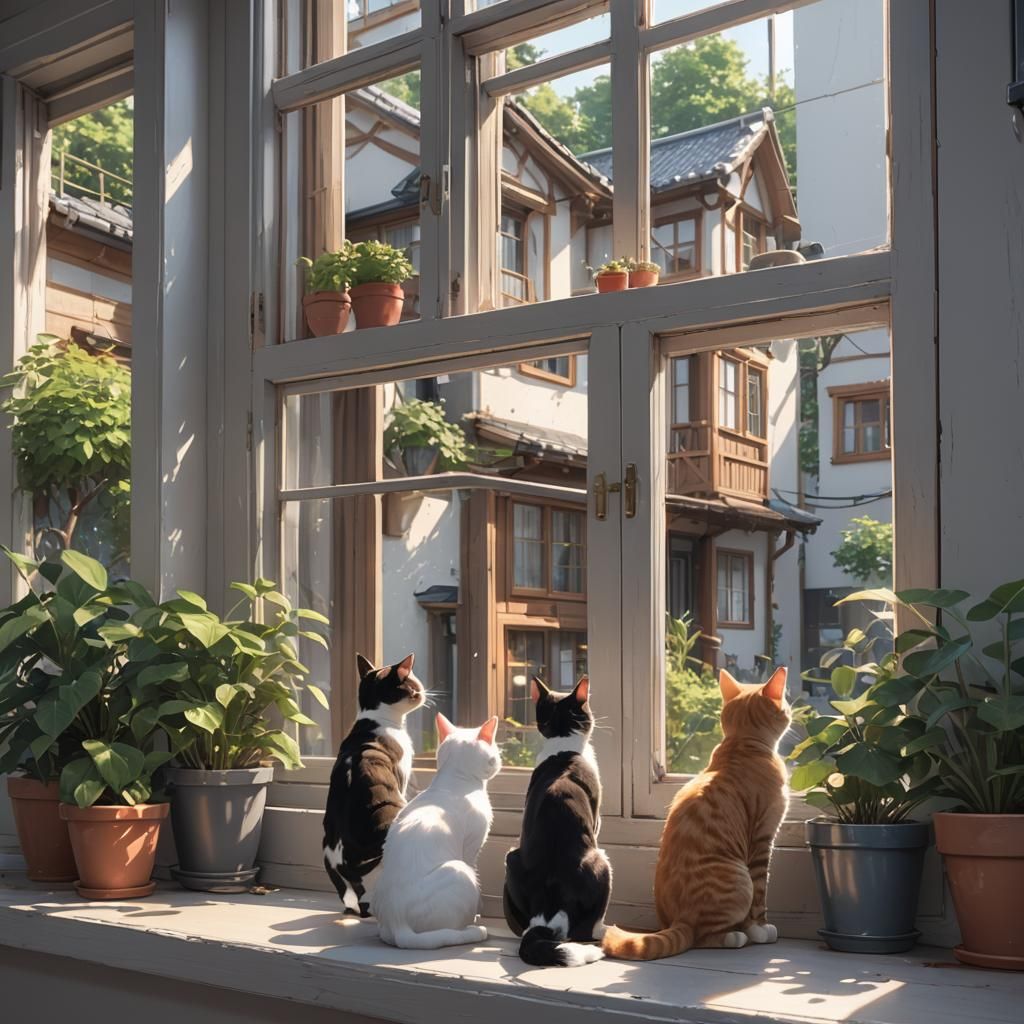 Cats in Window: Detailed 3D Anime Art