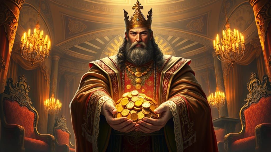 Majestic Figure Holding Gold Coins in Opulent Setting