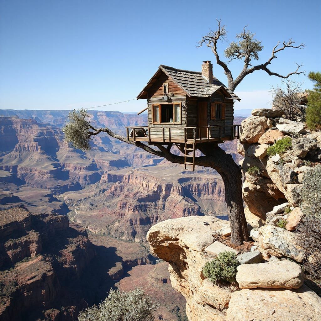 Surreal Treehouse Cliffside Oasis in Dystopian Landscape