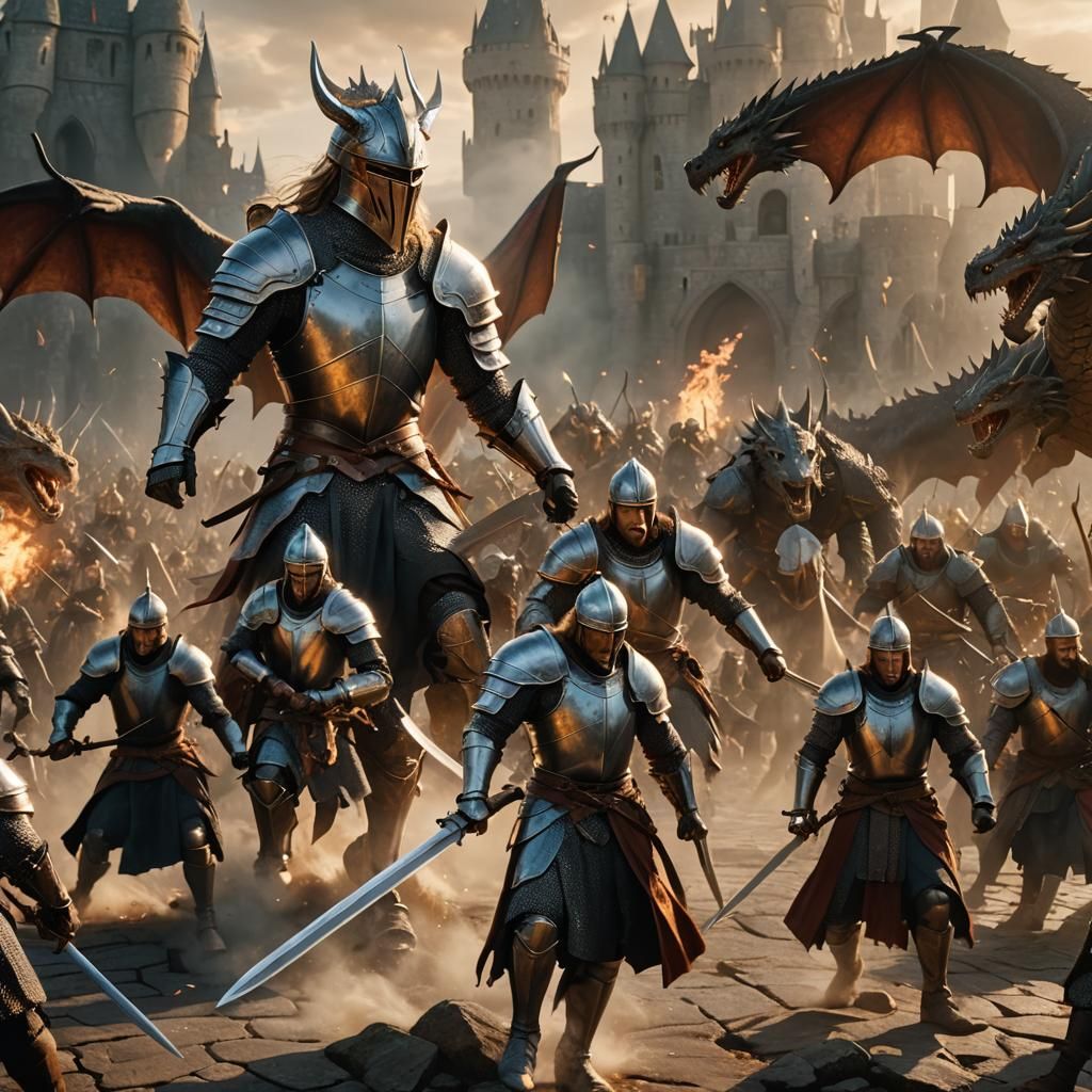 Medieval Knights Battle Dragon in Golden Hour Light