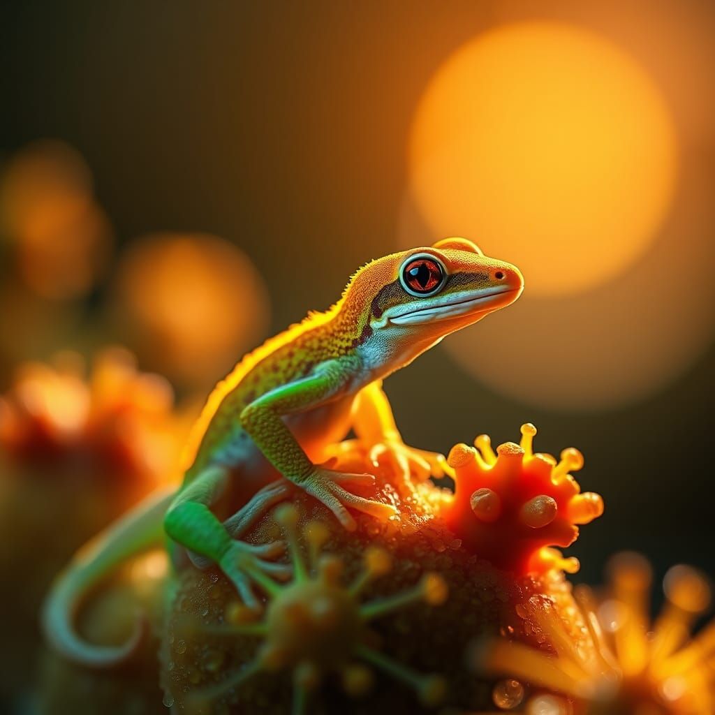 Fluorescent Gecko in Morning Glow: Hyperrealistic Detail