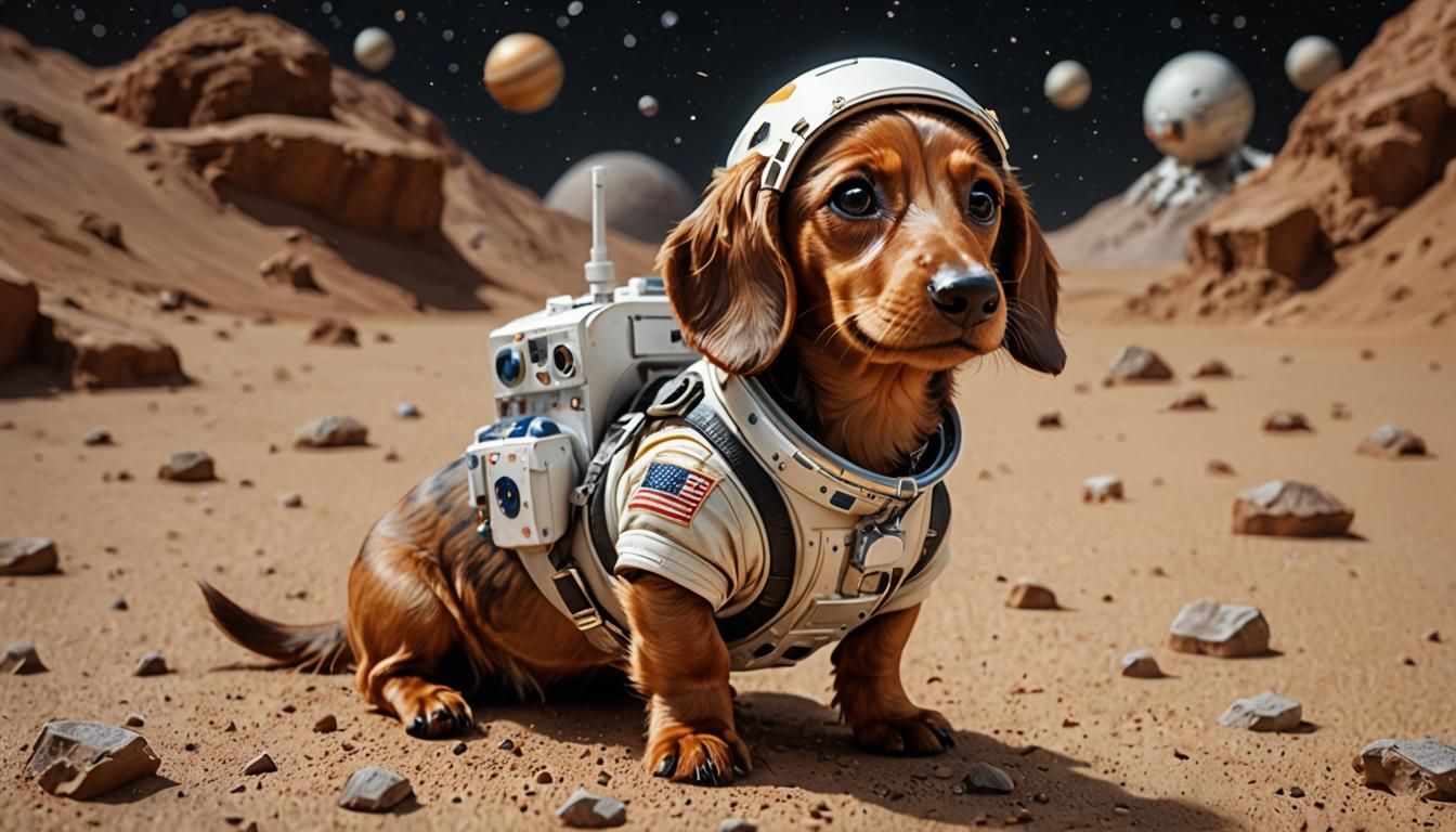 Miniature Dachshund Astronaut in Space, Hyperrealistic Art