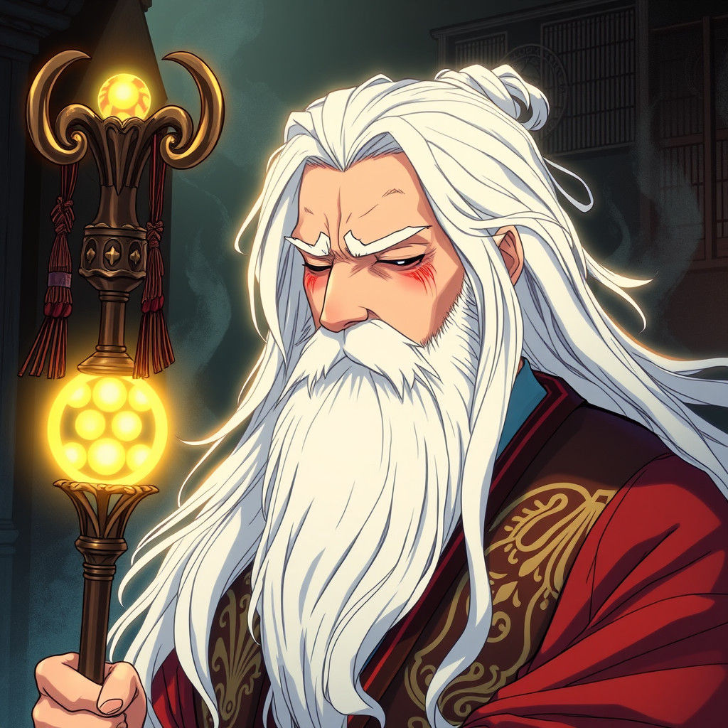 Blind Judge Meditates on Fate in Anime Style