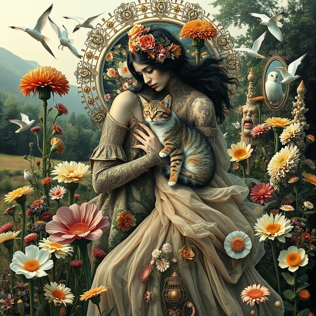 Surreal Garden Party: Woman, Cat, and Ethereal Chaos
