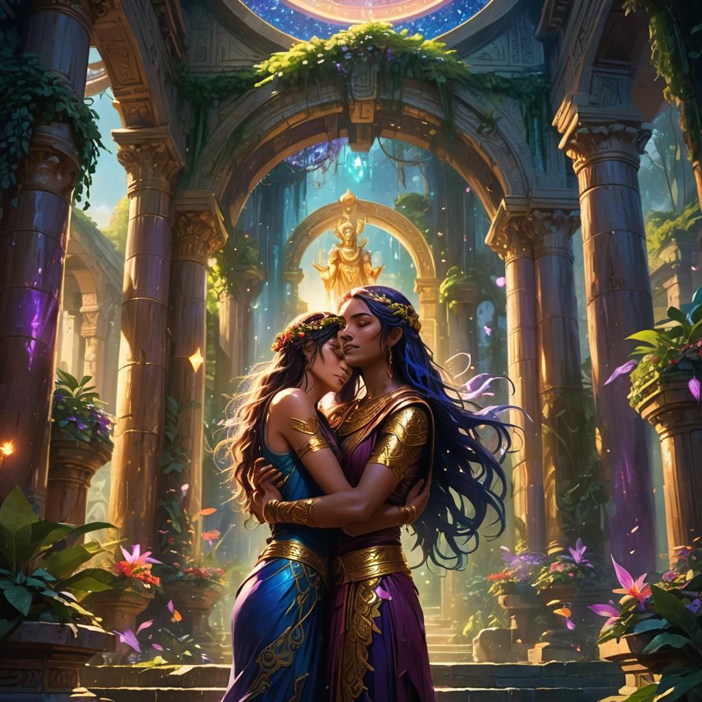 Female God Embracing Mortal in Temple of Love