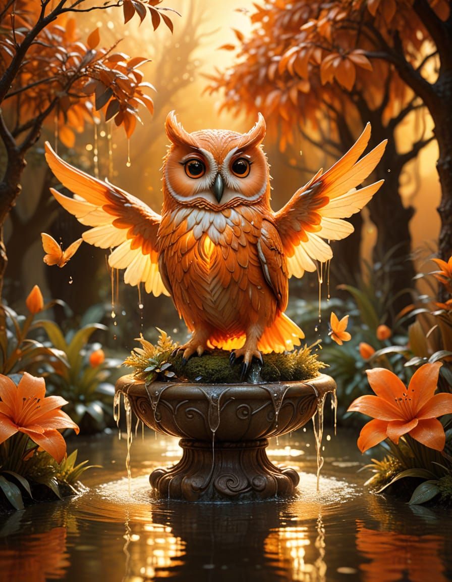 Orange Owl Fountain in Magical Orange Garden
