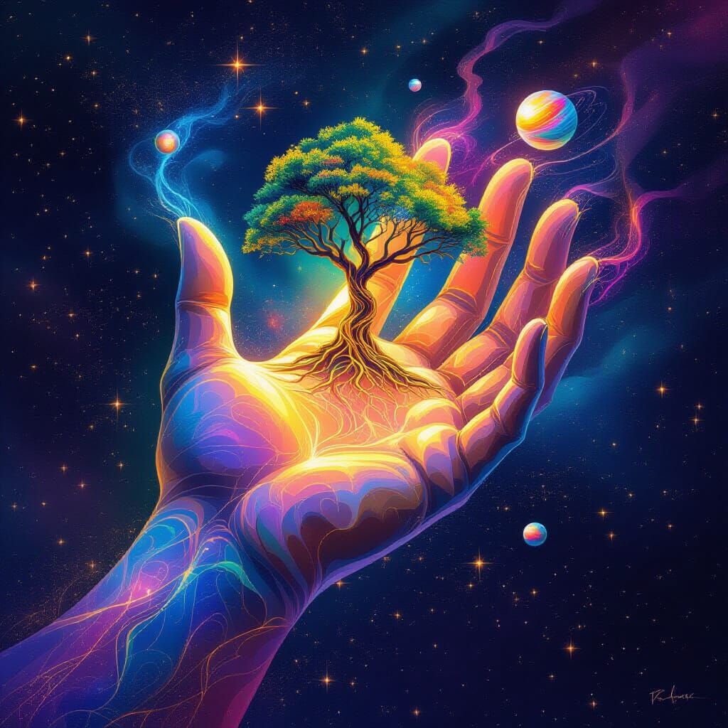 Cosmic Hand of Stardust and Planets, Vibrant Nebula Art