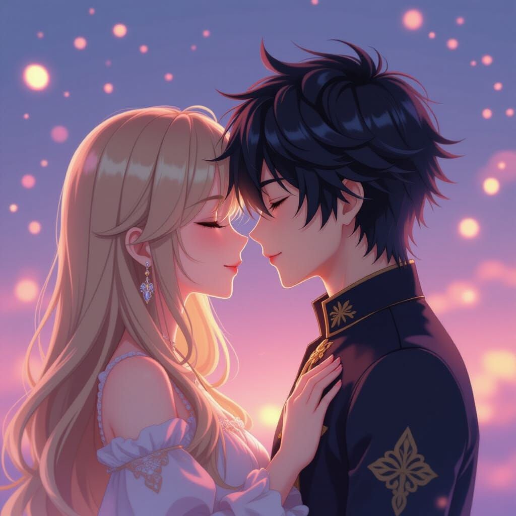 Anime Couple Kissing in Ethereal Pink & Lavender