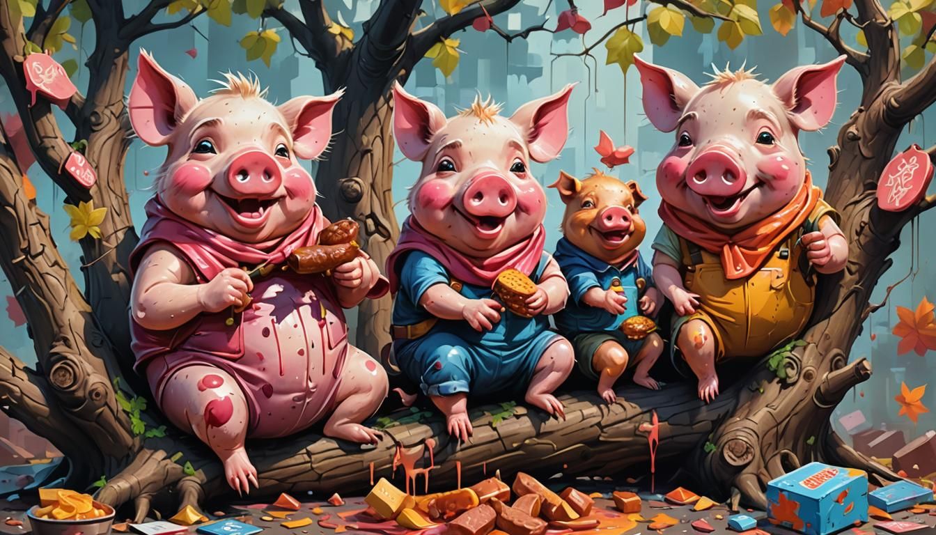 Cheerful Pigs Summoning Terrible Things in Graffiti Art