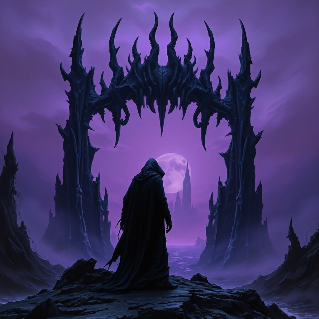 Dark Fantasy Figure at Bone Gate in Twilight