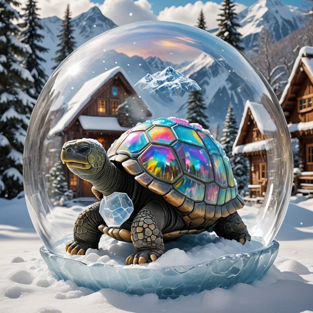 Iridescent Ice Tortoise with Snow Globe Shell
