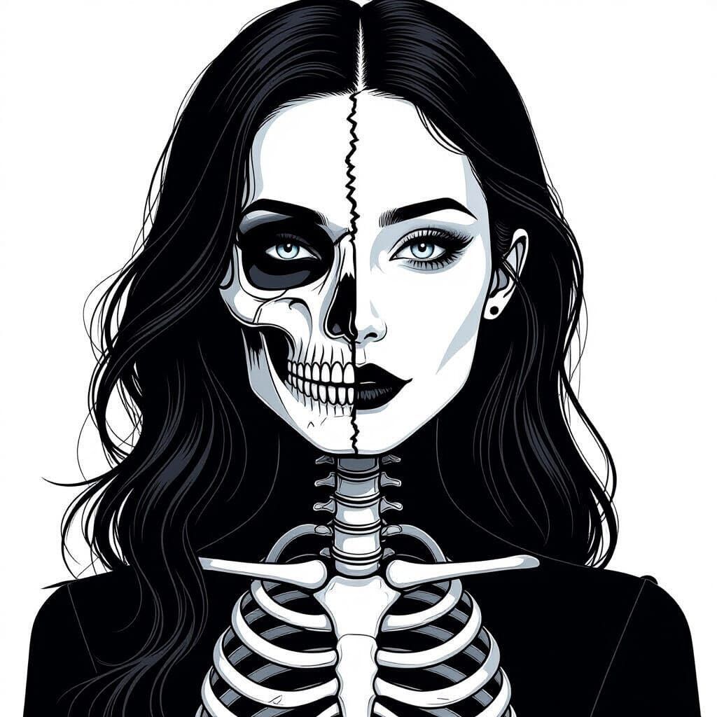 Gothic Woman Portrait: Skeleton and Human Face Duality