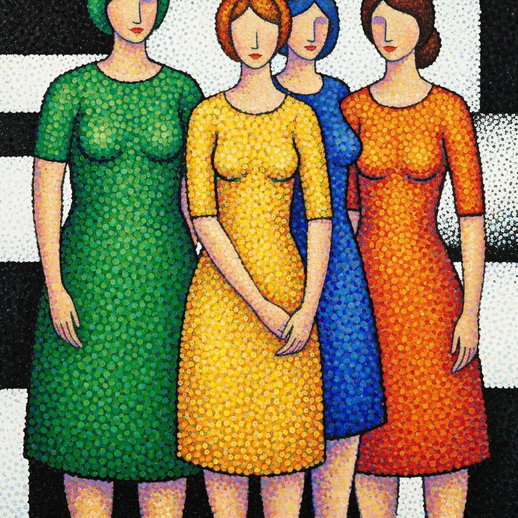Vibrant Pointillist Painting of Stylized Women