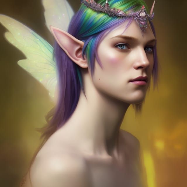Rainbow Haired Elf Portrait in Artstation Style