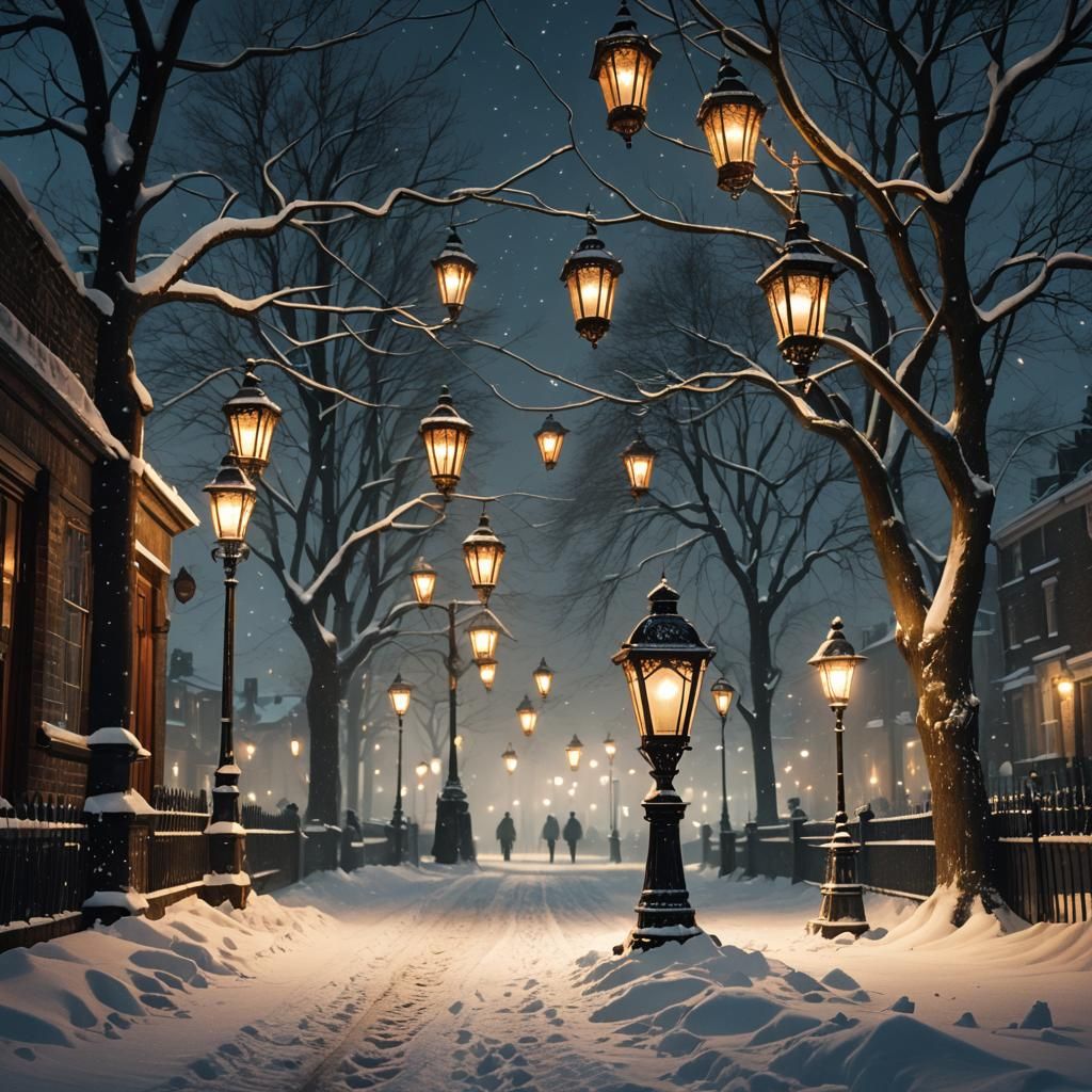 Victorian Lanterns Cast Light on Snowy London Night