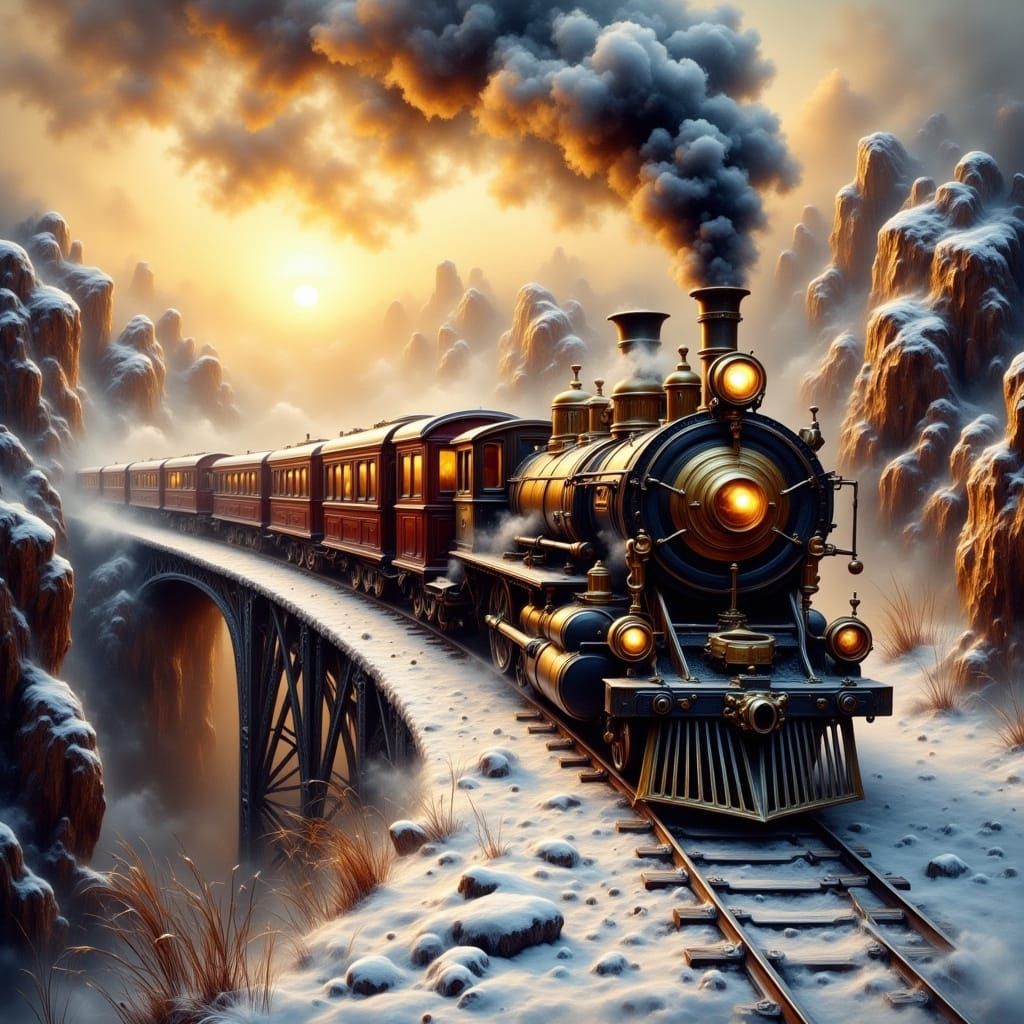 Majestic Steam Train Crosses Snowy Canyon Bridge at Sunset