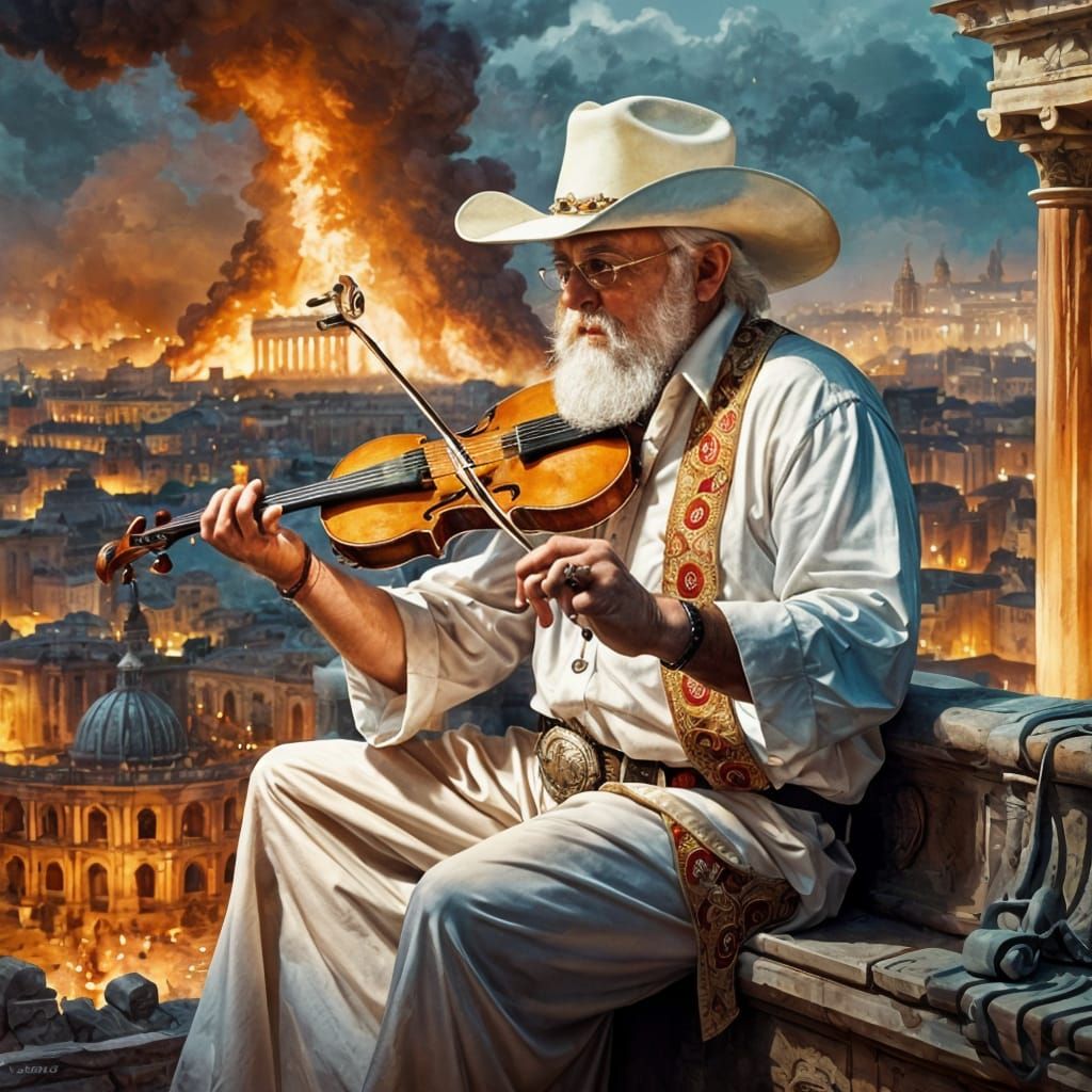 Whimsical Fiddler in Rome's Inferno: Detailed Concept Art