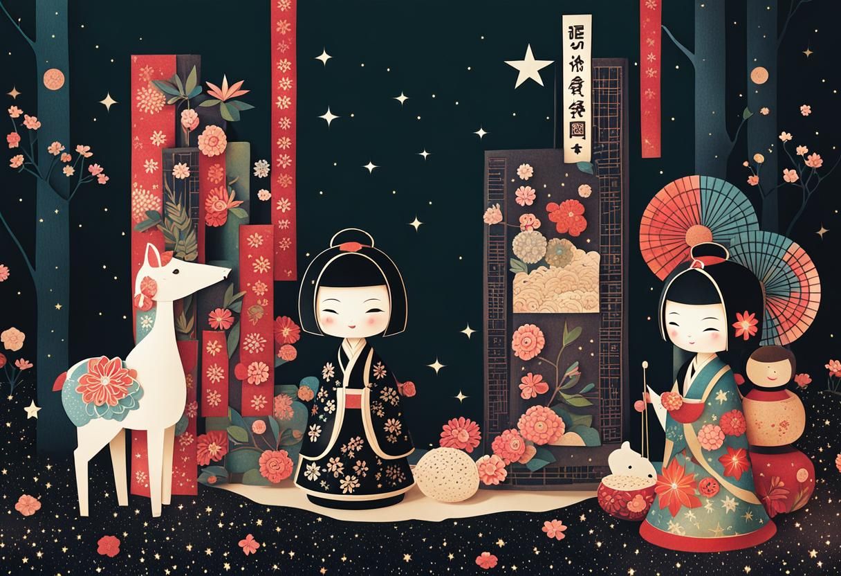 Kokeshi Doll in Papercraft Storybook Style