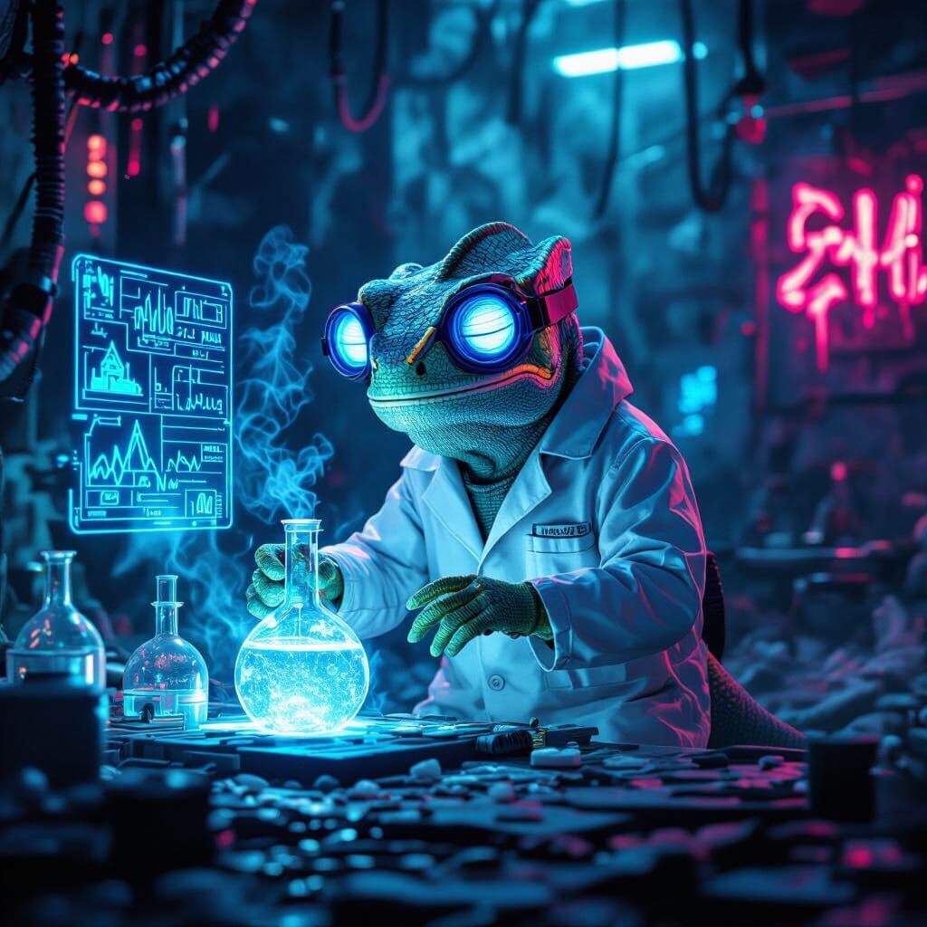 Bioluminescent Chameleon in Cyberpunk Lab