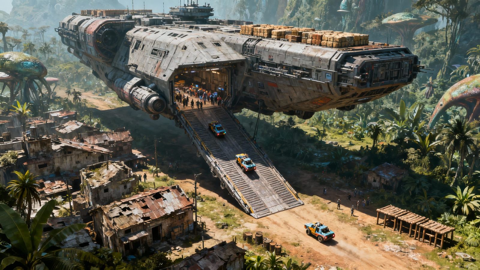 Sci-Fi Cargo Ship Over Alien Town in Jungle