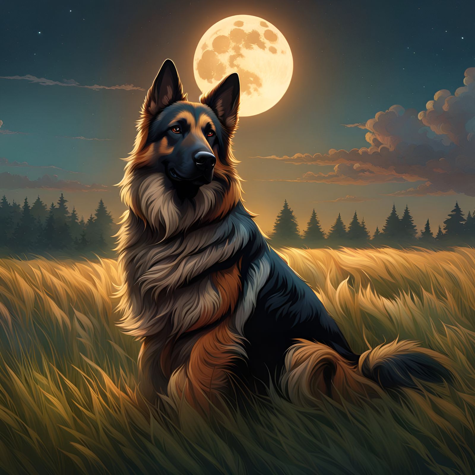German Shepherd Portrait at Dusk, Hyperdetailed Concept Art