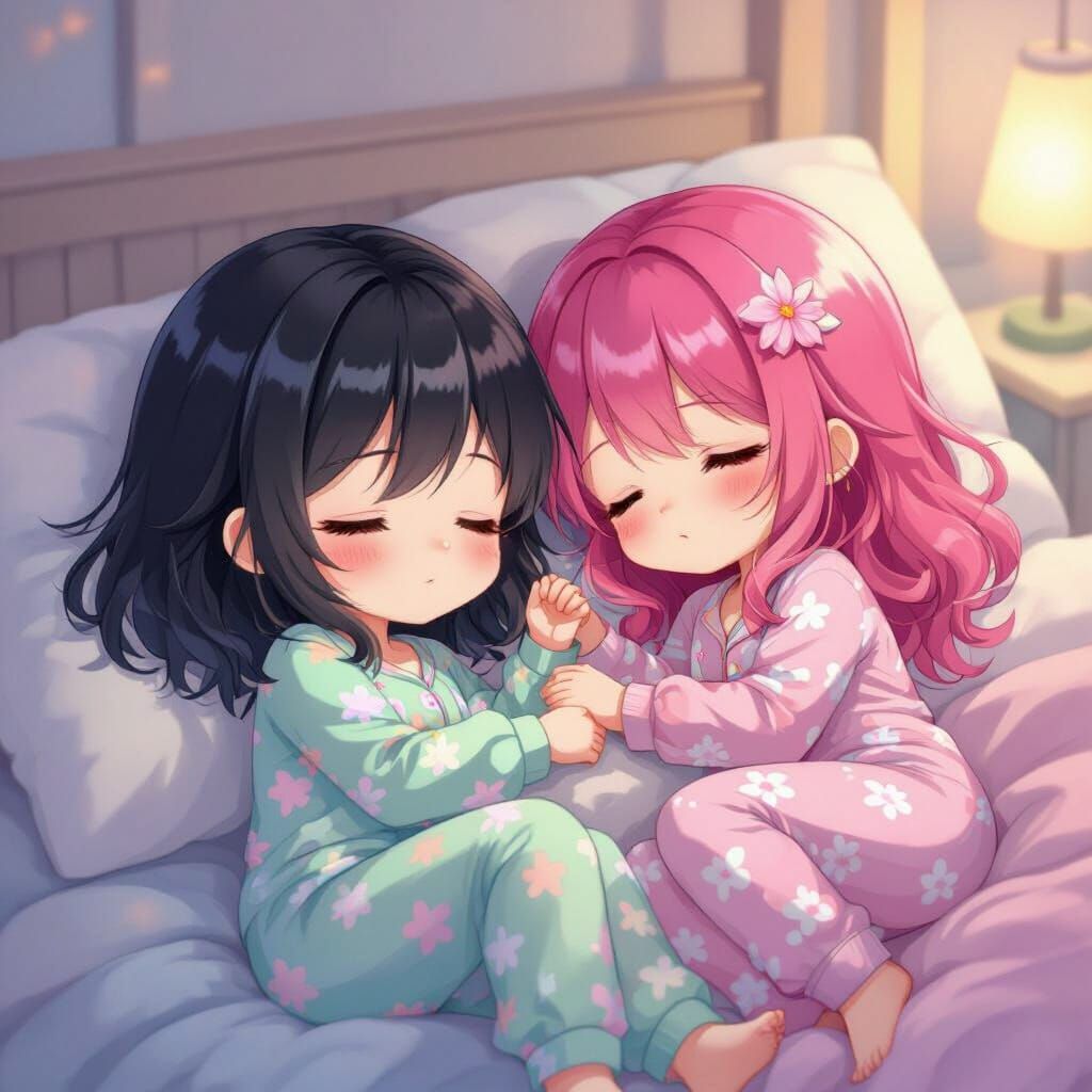 Chibi Girls Sleeping Peacefully in Cozy Bedroom