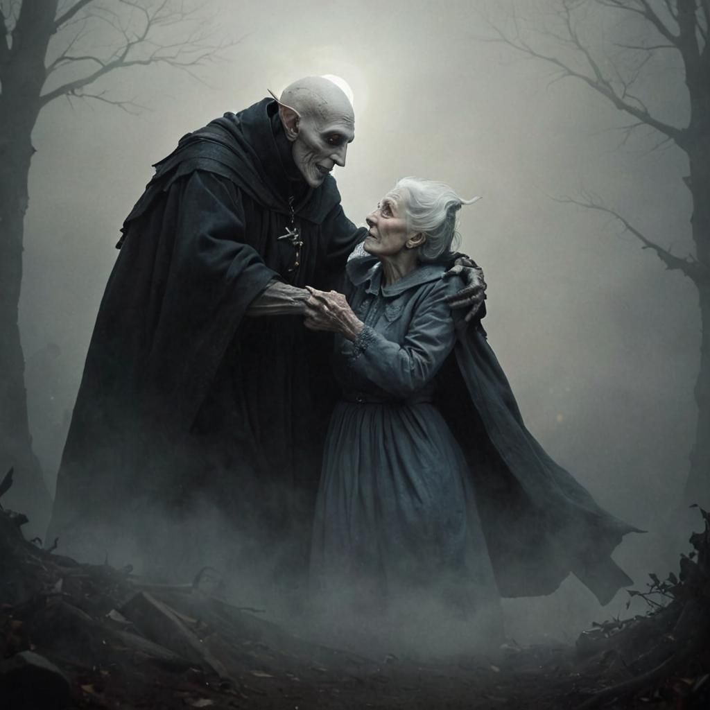 Nosferatu Comforts an Old Woman in Heartwarming Embrace