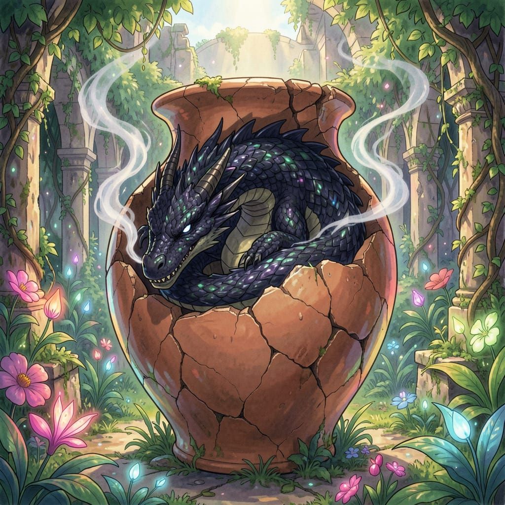 Ancient Dragon Slumbers in Cracked Ceramic Vase