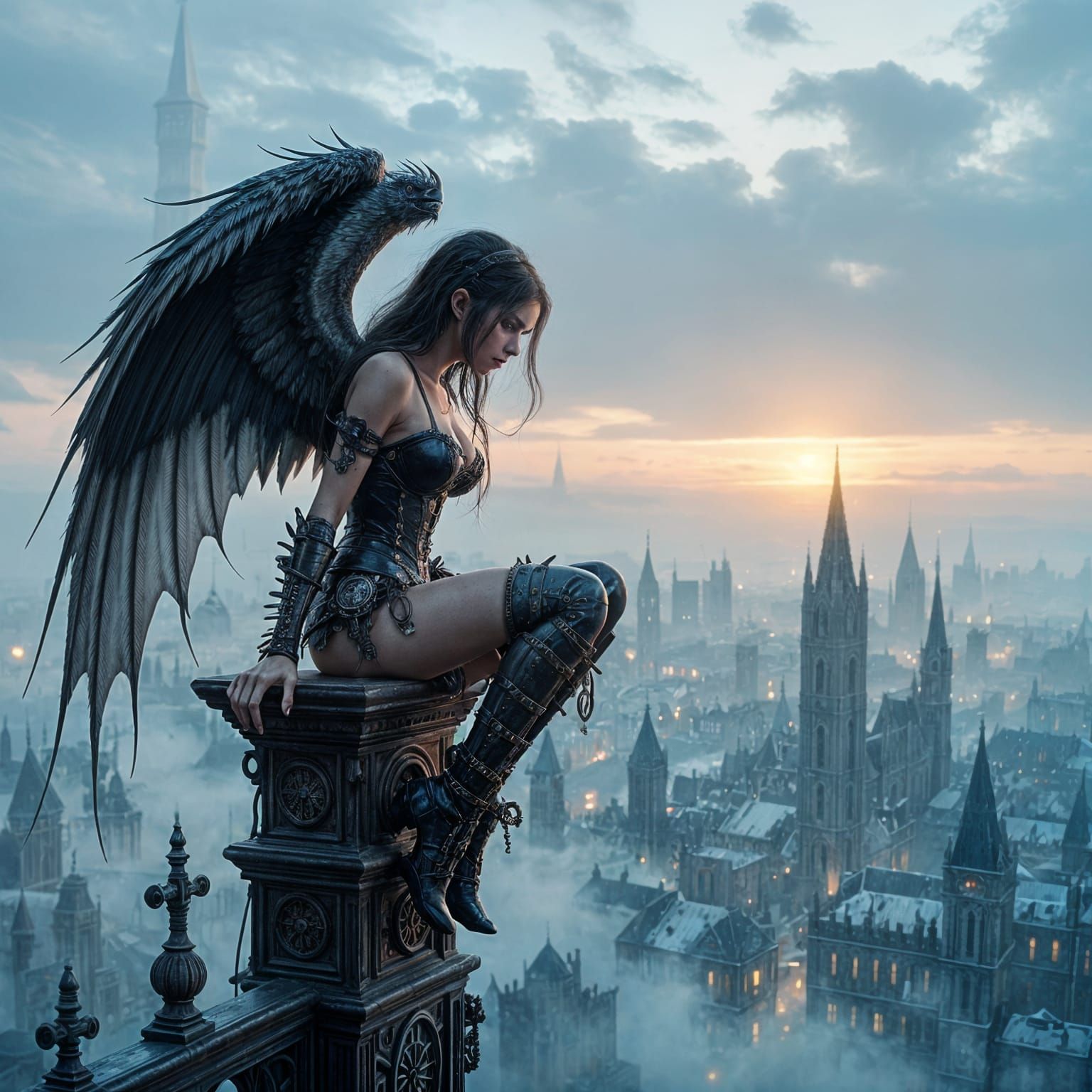 Biomechanical Harpy Overlooking Desolate Cyberpunk Cityscape