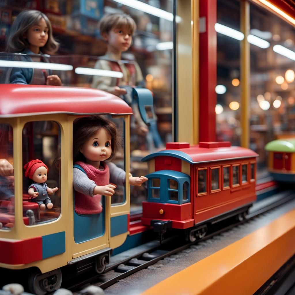 Doll Drives Train in Toy Store: Photorealistic Dark Scene