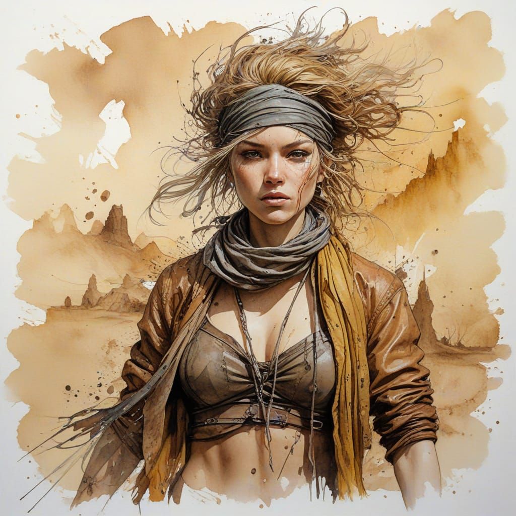 Golden Haired Warrior in Desert, Inked Watercolor Art