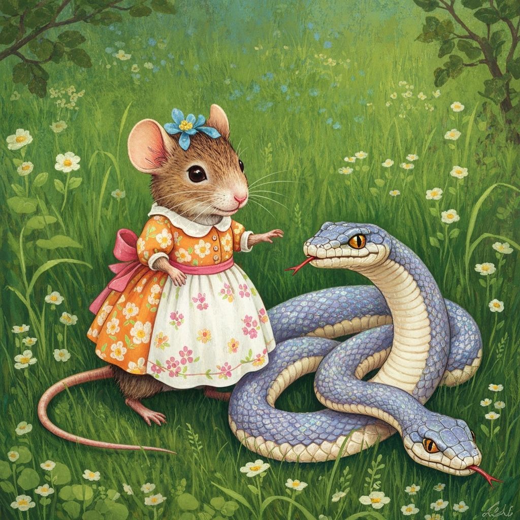 Friendly Mouse and Snake in Floral Meadow