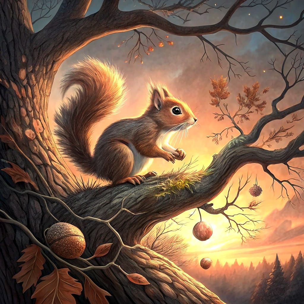 Adorable Squirrel on Ancient Oak: Fantasy Concept Art