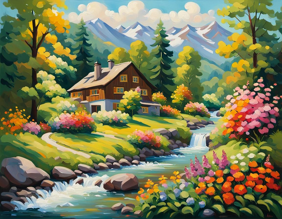 Pastoral Landscape with House as Oil Painting