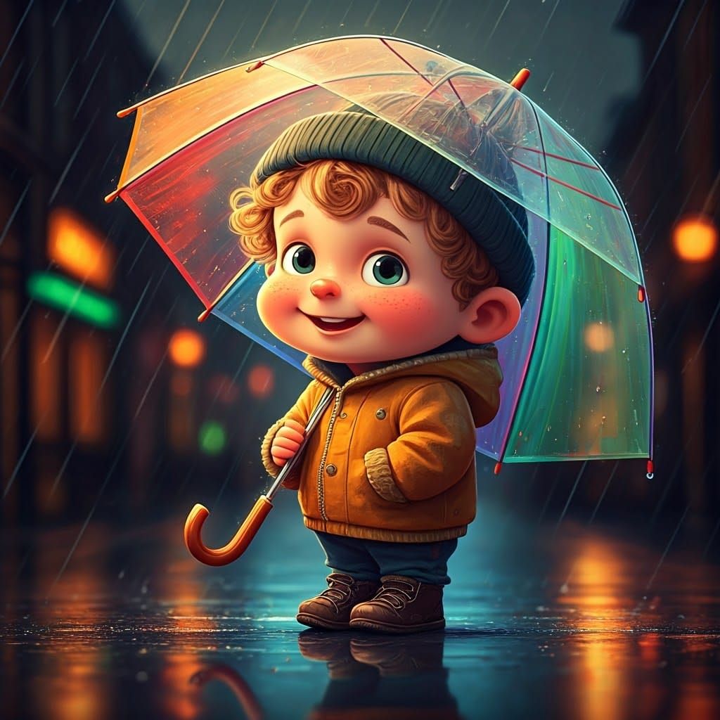 Charming 3D Cartoon Boy Stands Under Rainy Umbrella