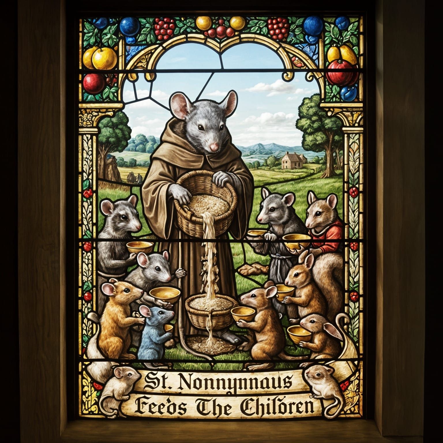 Medieval Stained Glass: Mouse Saint Feeds Animal Children