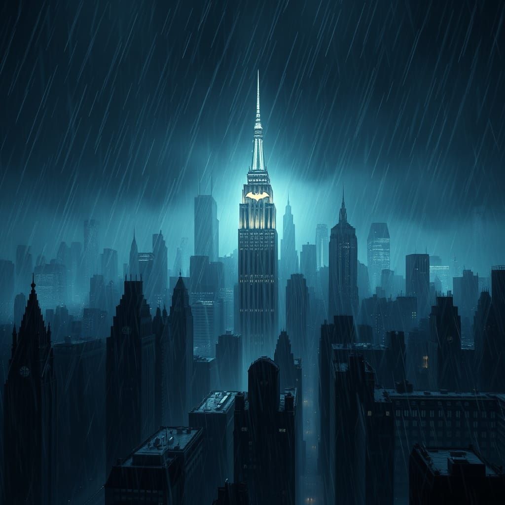 Dramatic Gotham Cityscape Under Torrential Rain