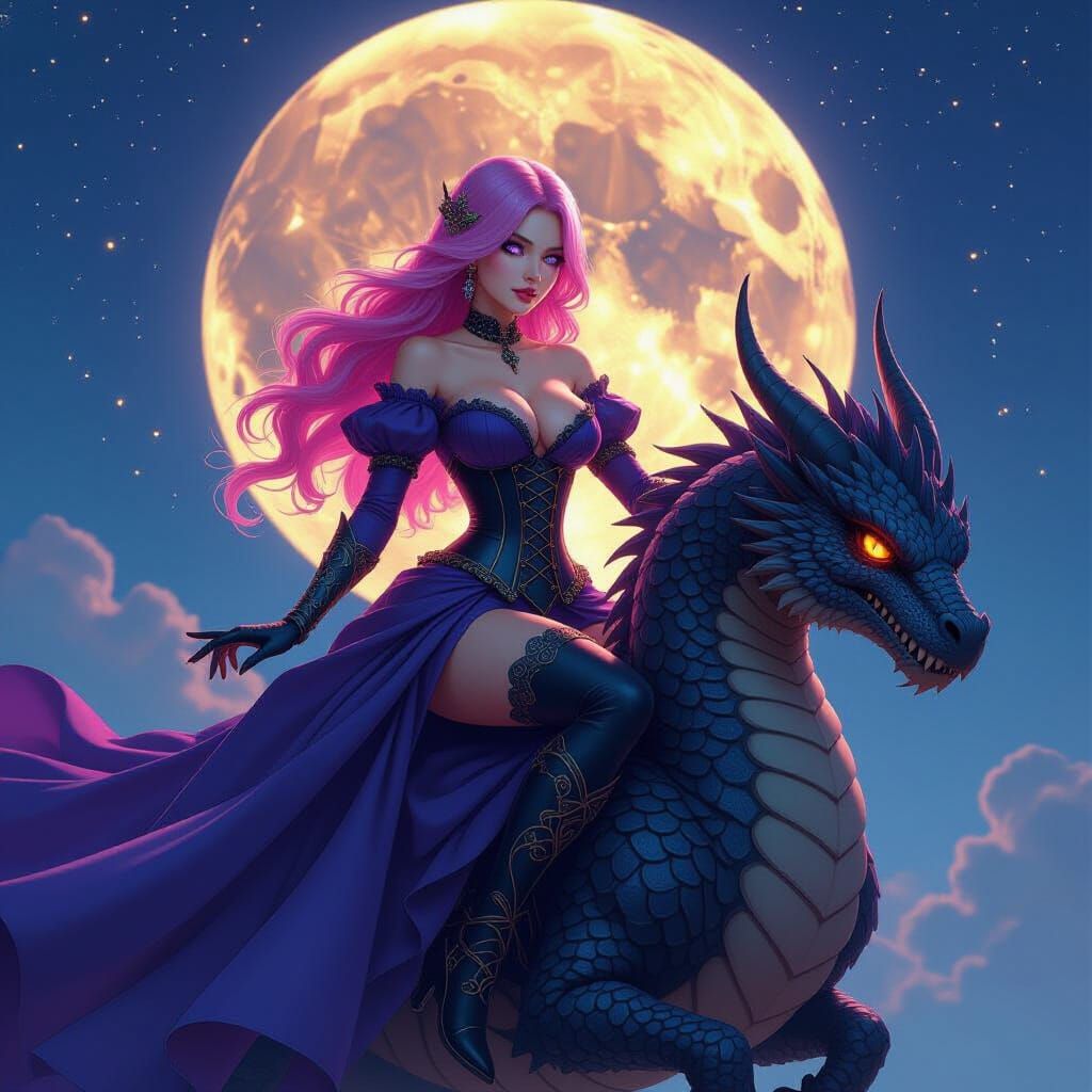 Pink Haired Woman Rides Dragon on Full Moon Evening
