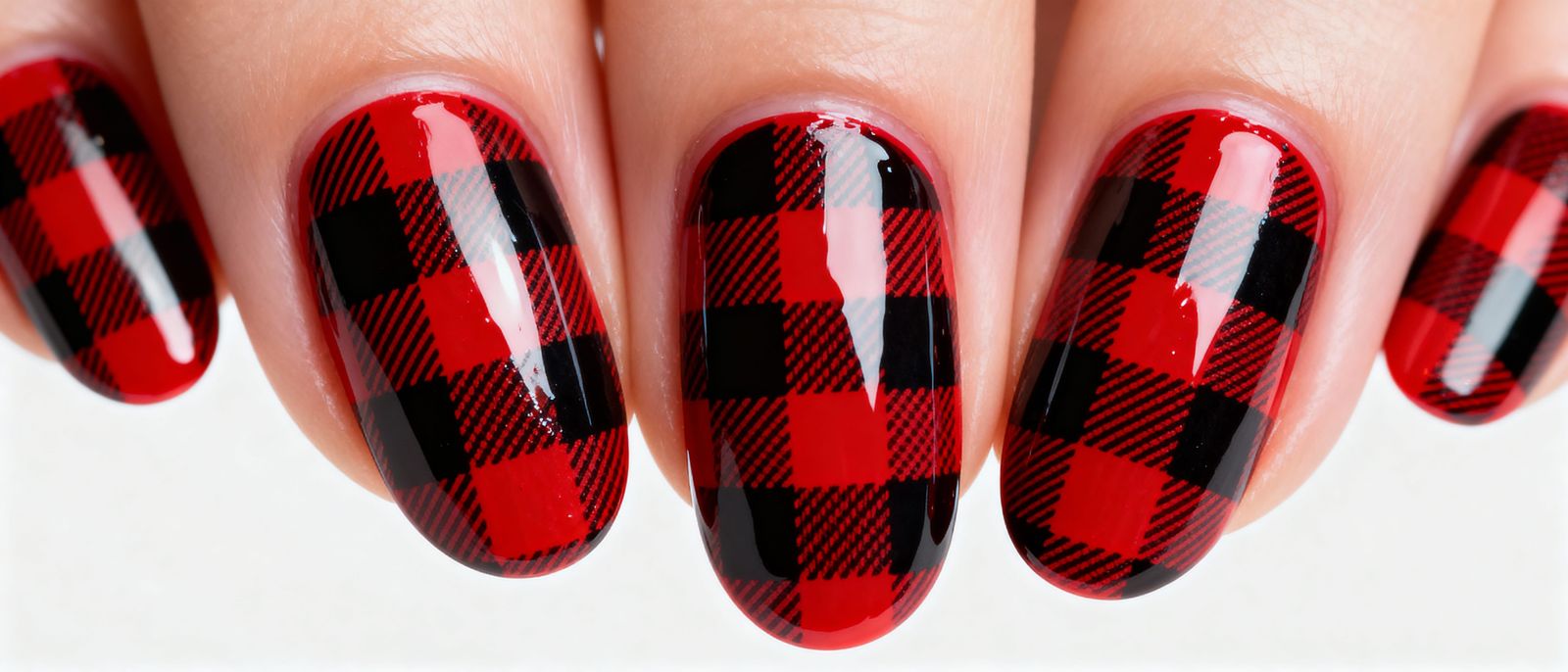 Red Black Buffalo Check Pattern on Manicured Nails