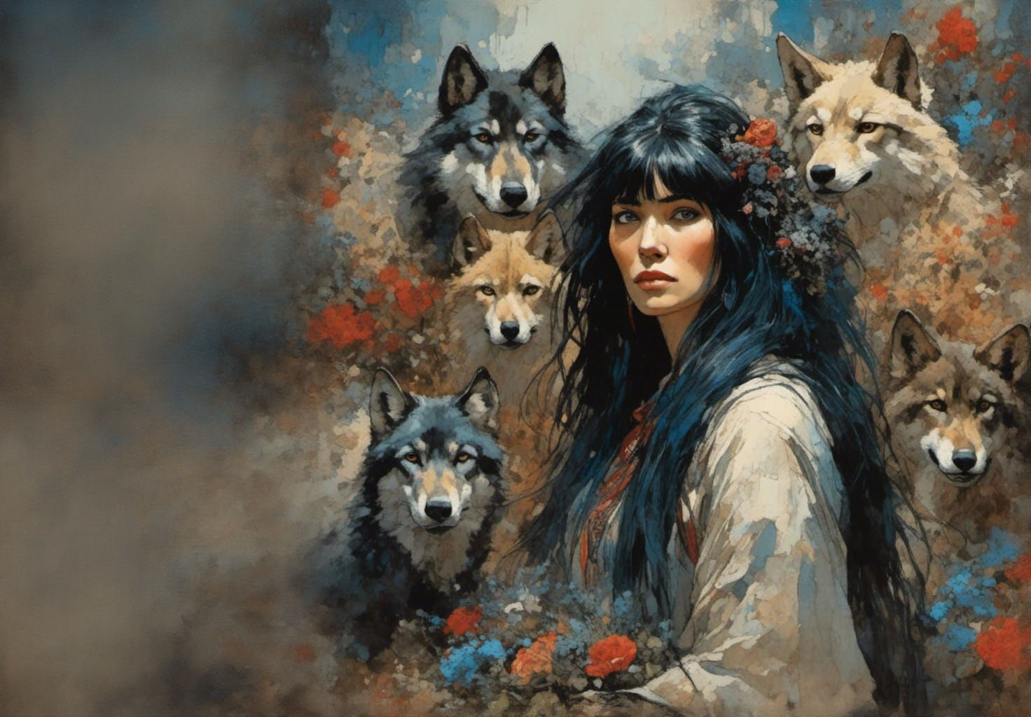 Gothic Punk Woman with Wolves as Impasto Painting