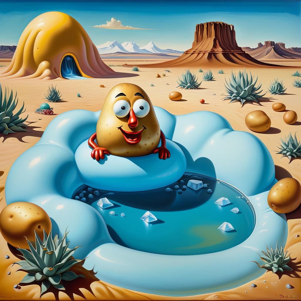 Cartoon Potato in Desert Oasis, Dali Surrealism