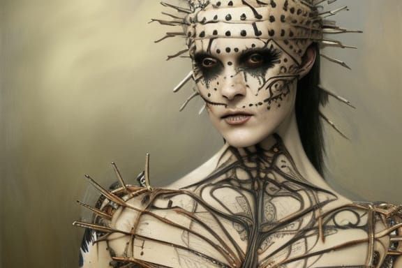 Ornate Half-Demon Pinhead Portrait in Hyperrealistic Style