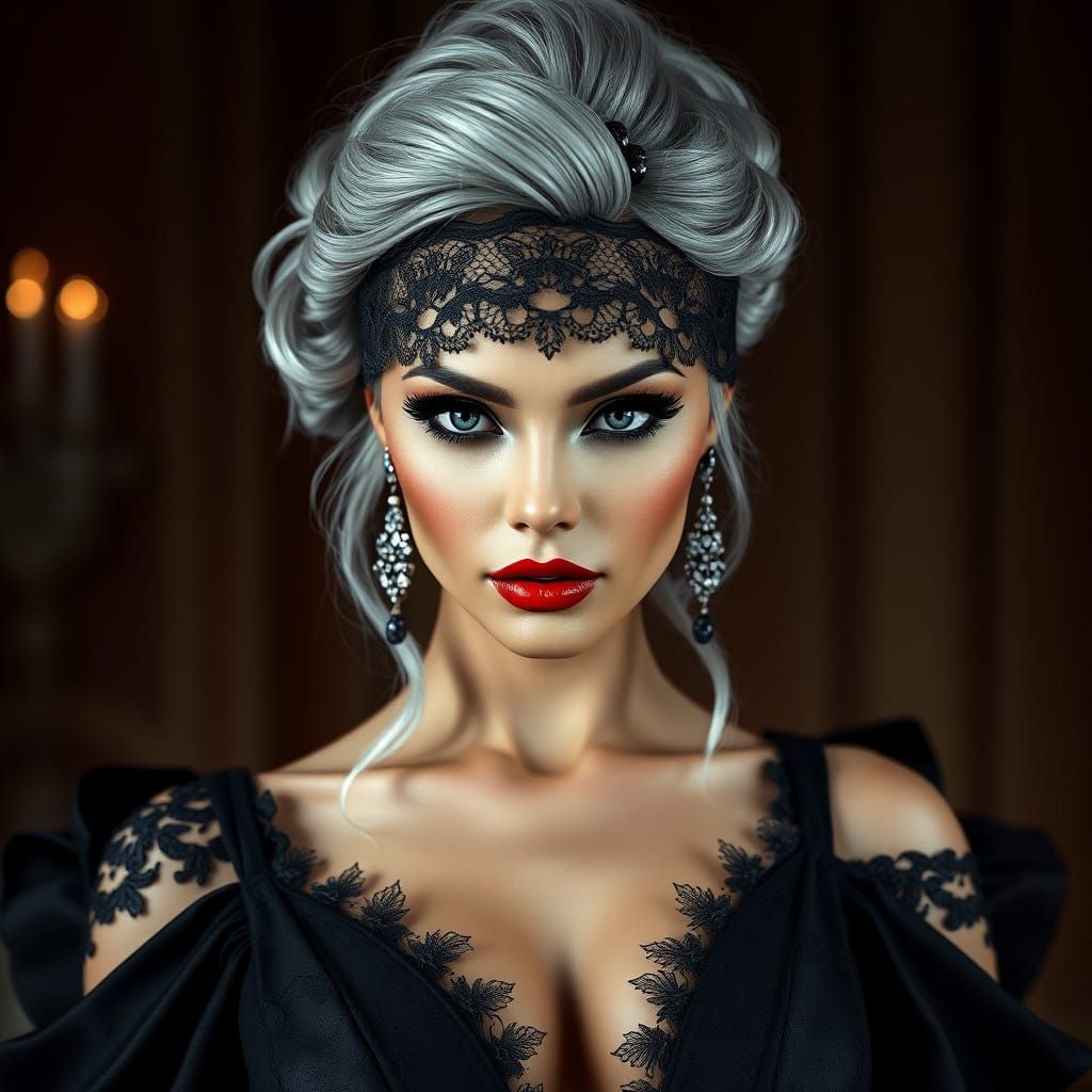 Elegant Woman in Red Evening Gown with Grey Hair and Lace Bl...