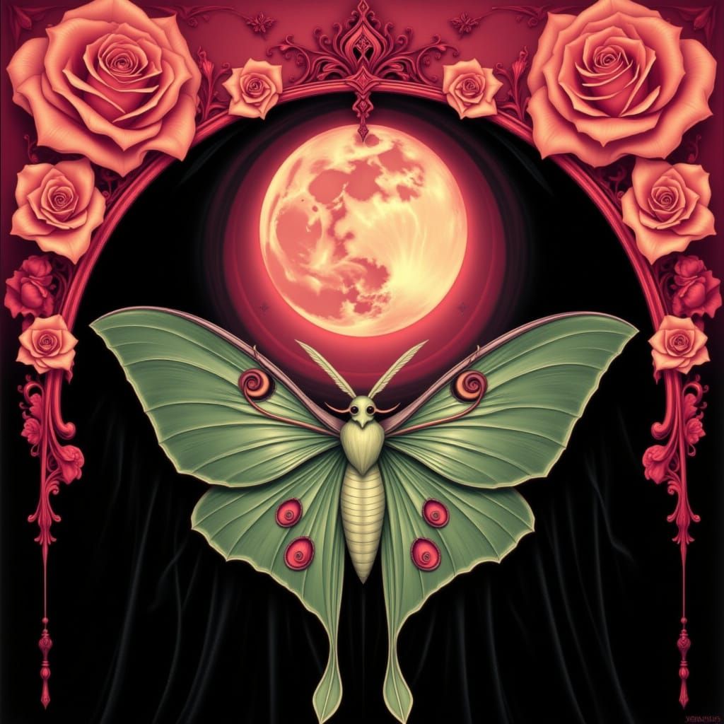 Ethereal Luna Moth on Velvet Black Background