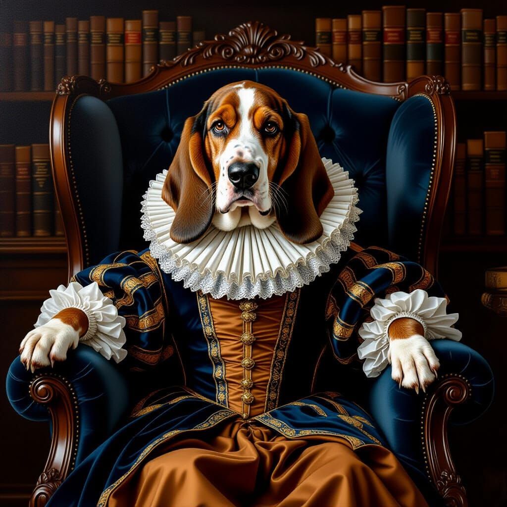 Regal Basset Hound as Elizabethan Aristocrat in Oil Portrait